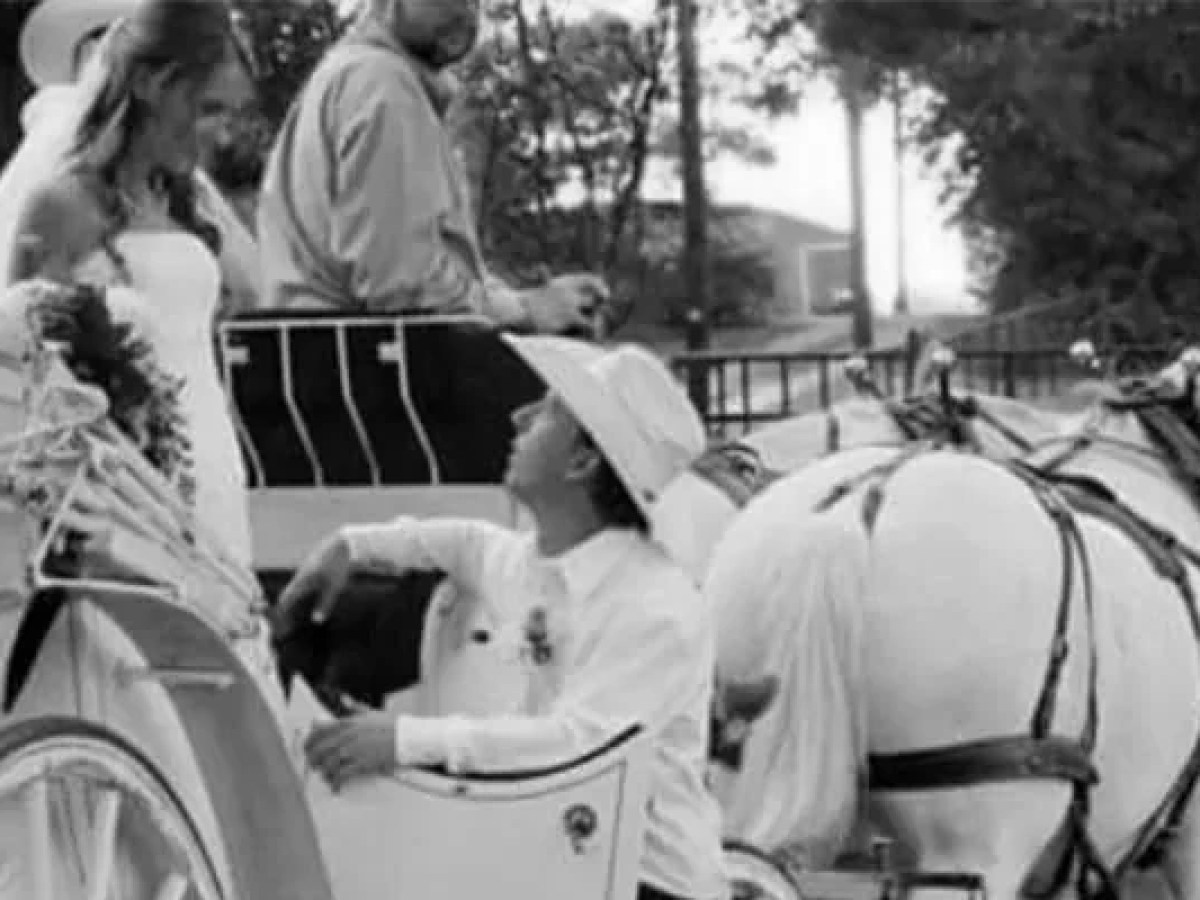 a group of people riding on the back of a horse drawn carriage